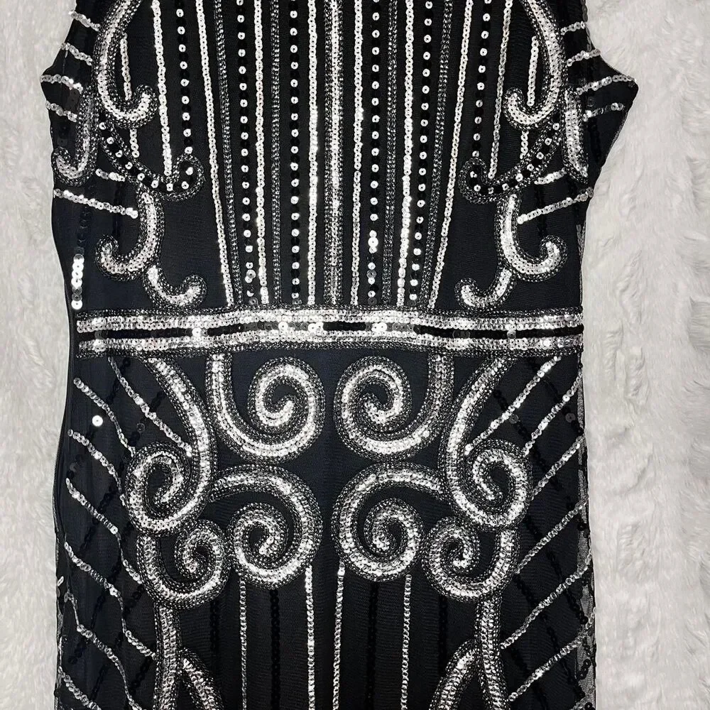 UNBRANDED Black & silver beaded midi dress with fringe hem - Picture 5 of 8